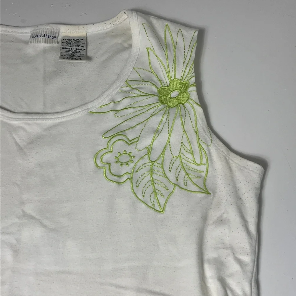 Vintage White Stag XL White Lime Green Embroidered Floral Sleeveless Tank Top - Picture 4 of 7